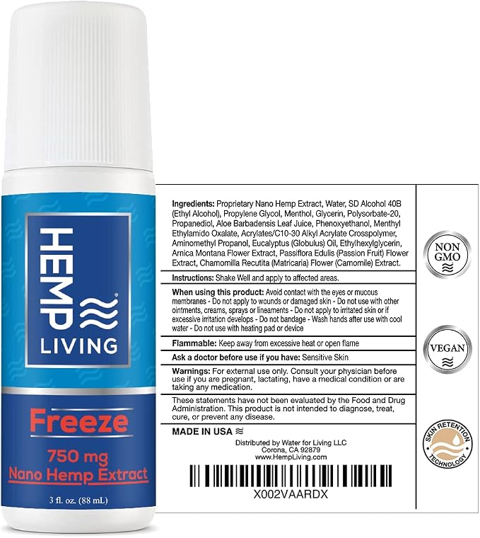 Freeze Nano Hemp Extract Roll On, Cold Therapy, Roll On for Muscles and Joint Strain, 3 oz Roll on Bottle (750 mg)