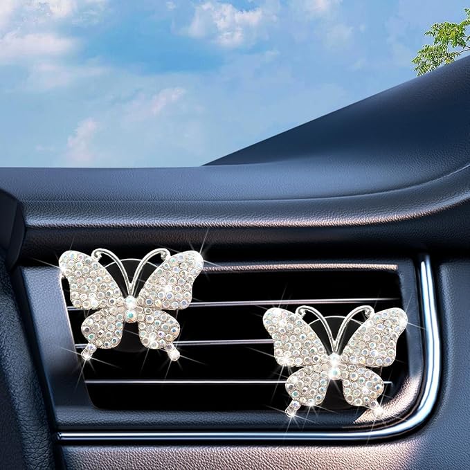 Bittwee 2PCS Bling Butterfly Car Freshener Air Vent Clips, Sparkling Crystal Rhinestone Auto Diffuser Clamps, Full Diamond Vehicle Interior Decoration Charm for Women Girls, Universal Fit（AB）