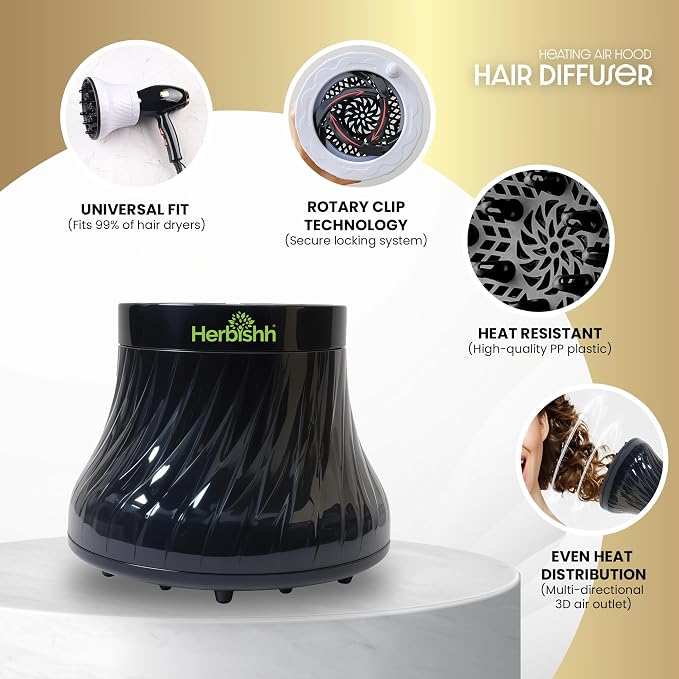 Herbishh Hair Dryer Diffuser Attachment for Even Heat Distribution, Universal Fit for Curly, Thick & Wavy Hair, Reduces Frizz & Adds Volume, Gifts for Her, Adjustable from 3.5 to 8 cm (Black)