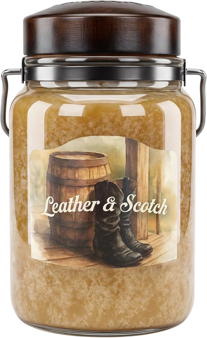 McCall’s Candles | Leather & Scotch | 26 oz Classic Jar Candle | USA-Poured | Rustic Jar with Carrying Handles | Leather & Scotch Fragrance