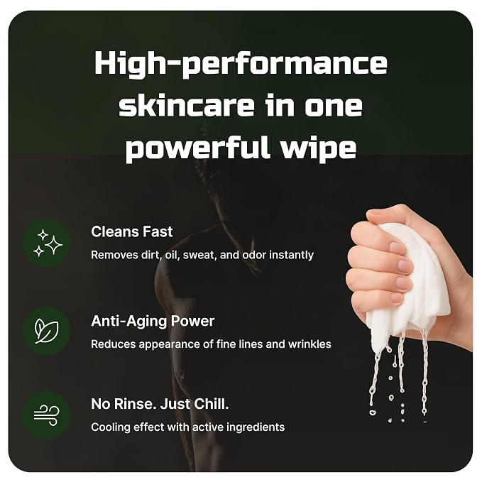 Face Wipes for Mens 5-in-1 Anti-Aging Facial Cleansing Sweat Wipes for Skin Care with Collagen, Witch Hazel, Tea Tree Oil, Hyaluronic Acid, Niacinamide for Oily or Acne-Prone Skin Woodsy Scent