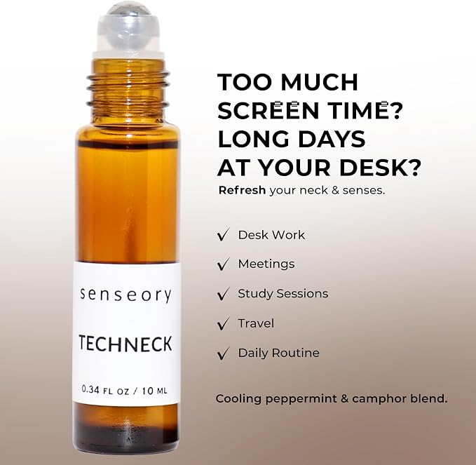 Tech-Neck Essential Oil Roll-On – Peppermint, White Camphor, Wintergreen & Scotch Pine Blend – Natural Aromatherapy for Energy, Focus & Refreshing Neck Relief – 10ml Roll-On