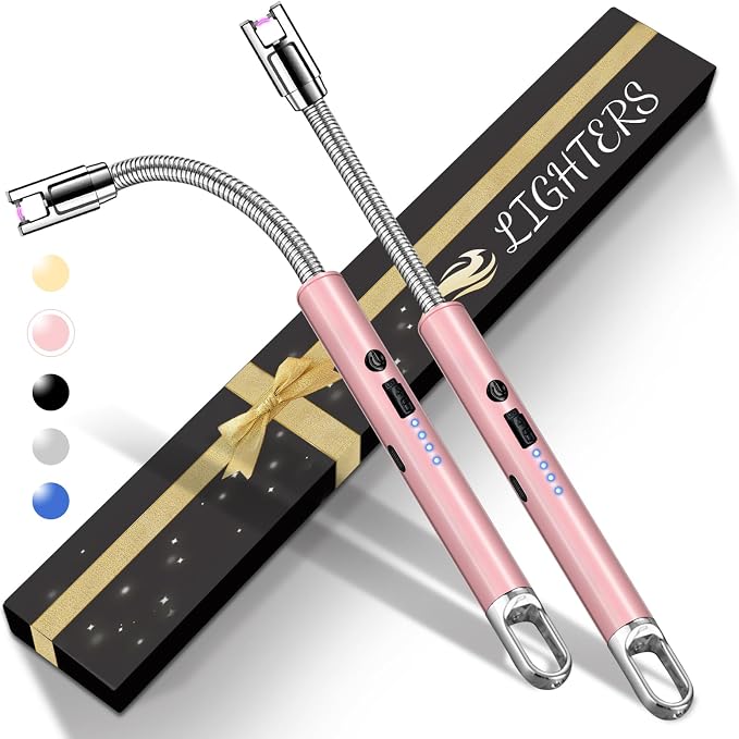 2 Pack Electric Candle Lighters, USB Rechargeable Lighter with Windproof Flameless & Extended Handle, Suitable for Candles, BBQ, Camping, Gas Stove, Festivals Gift (Pink, 2 Packs-A)