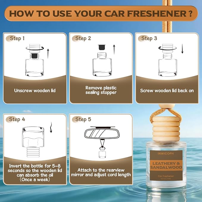 Car Air Freshener Diffuser Hanging, Leathery & Sandalwood Fragrance Oil
