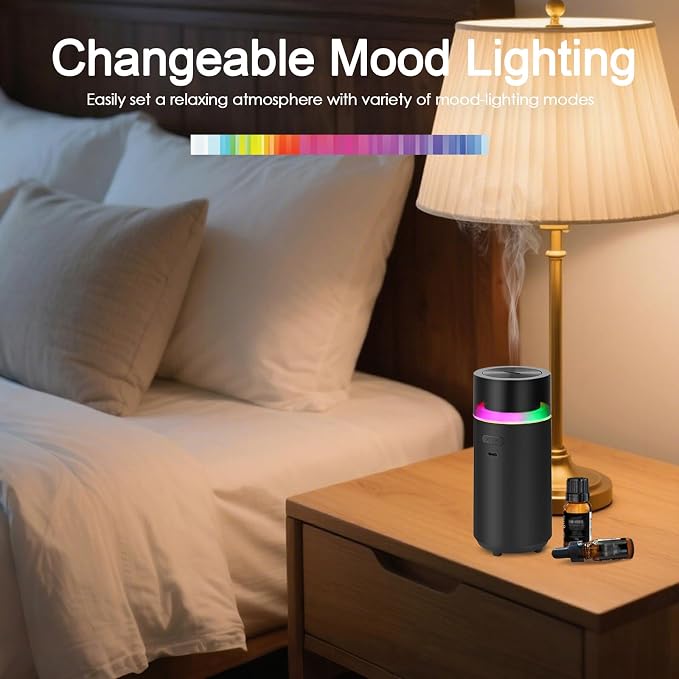 HODEMI Portable Smart Car Essential Oil Diffuser,Cordless Mini Cold Mist Aromatherapy Air Freshener Diffuser with Mode Memory,Auto On/Off,4/8 Timer Modes,for Bedroom Office and Travel (Black)