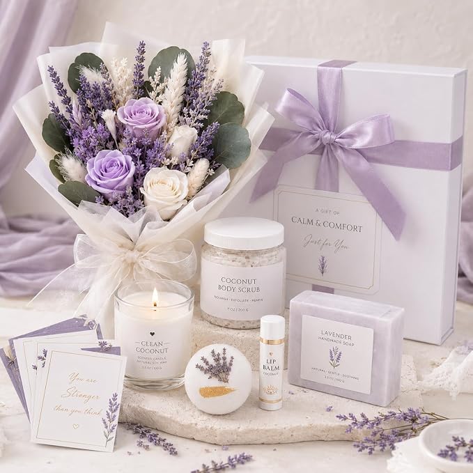 Self Care Gifts for Women: Luxury Lavender Spa Kit With Candle Mug Bath Salt Scrub Soap & More - Self Care Gift Set For Mom Friend Wife - Premium Relaxation Box for Birthday Anniversary