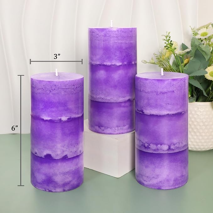 CRYSTAL CLUB Lavender Scented Pillar Candles, Set of 3 Tall 3x6 Inch Candles Rustic Purple, Clean Burning and Dripless Candle Lights, for Home Decor, Wedding, Party Decorations Lilac Candle