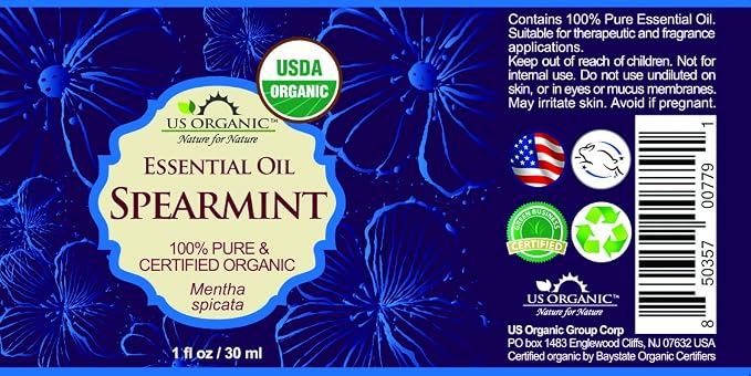 US Organic 100% Pure Spearmint Essential Oil - USDA Certified Organic, Steam Distilled - W/Euro droppers (More Size Variations Available) (30 ml / 1 fl oz)