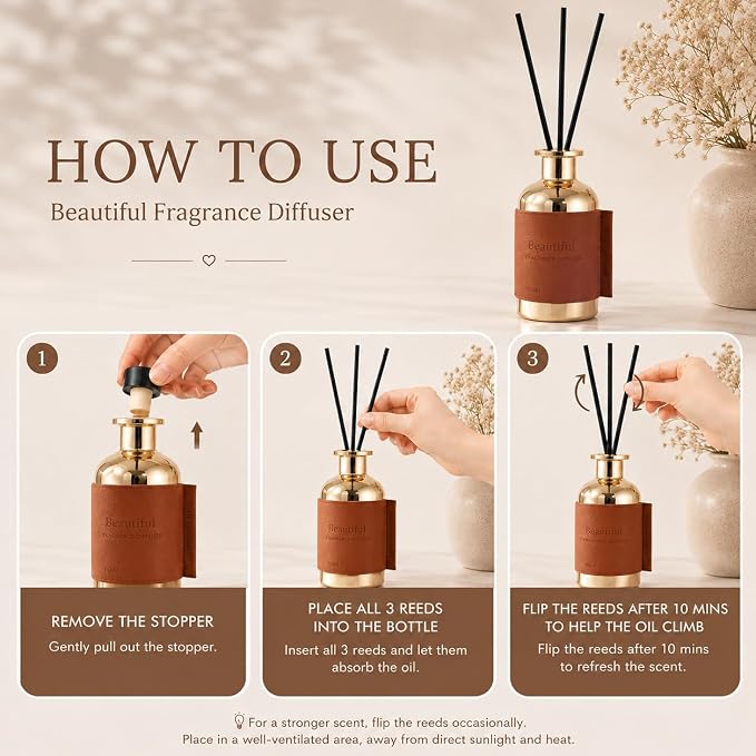 Reed Diffuser, Beautiful – 2.7 fl oz (80 ml) Romantic Floral Scented Reed Diffuser Set – Long Lasting Aromatherapy Oil for Bedroom, Office or Yoga Room – Best Gift for Women Mom Wife