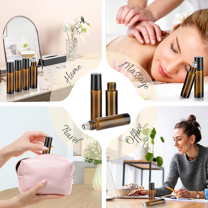 10ML Essential Oil Roller Bottles, 4 Pack Brown Oil Roller Bottles for Essential Oils, Roll on Bottle with Stainless Steel Balls(4 Labels, Opener, Funnel, Dropper Included)