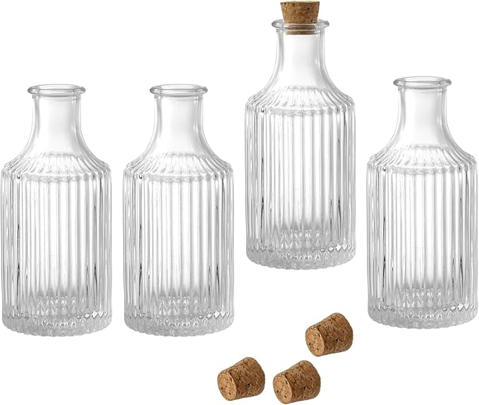 MyGift Small Clear Glass Reed Diffuser Bottles with Cork Lids, Vintage Fluted Flower Bud Vase Style, Refillable Home Fragrance Containers, Set of 4
