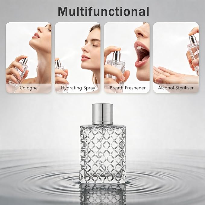 100ML 3.4oz Glass Spray Bottle, Clear, 1-Pack | Silver Aluminum Sprayer, For Essential Oils & Perfumes, Includes Funnel Filler, Includes 3ml Dropper