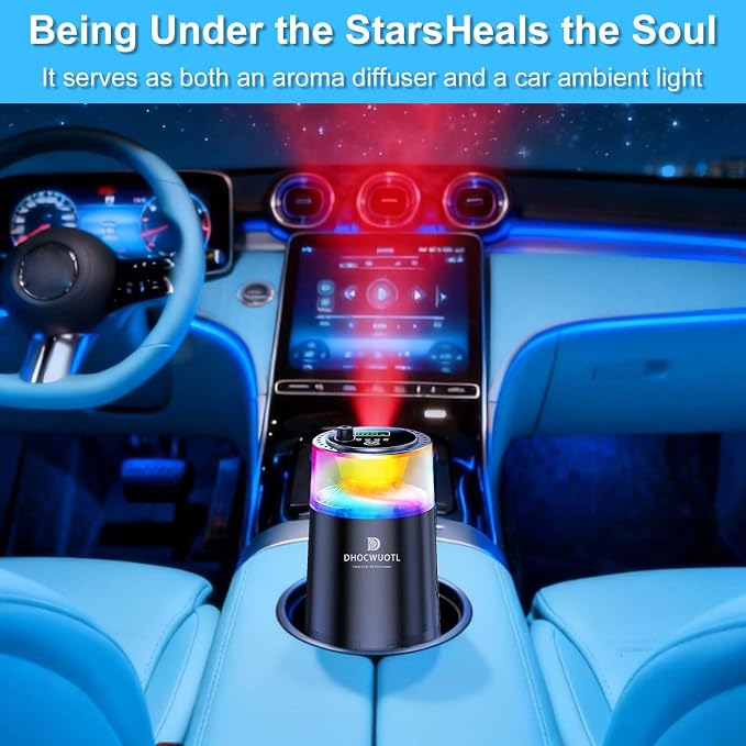 Smart Car Air Freshener with RGB Ambient Light & Starry Ceiling, Car Diffuser with Smart Spray Modes 4 Settings, 1600 Sprays USB-C Rechargeable, Auto On/Off, Built-in Battery, 3 Scents Refills (Black)