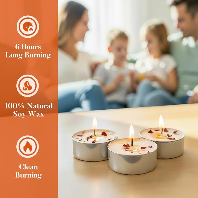 Crenovo Scented Tea Lights Candles with Dried Rose Flowers, Soy Tealight Candles, 6-7 Hours Burning Candles for Weddings, 8 Pcs Small Tea Light for Home, Spa
