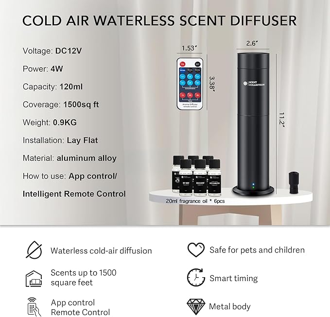Hotel Waterless Scent Diffuser –Essential Oil Diffuser with 6 Hotel Scents, Aromatherapy Nebulizing No Locked Oil Bottle Diffuser Covers up to 700 Sq Ft, Quiet Fragrance Machine for Home, Spa & Office