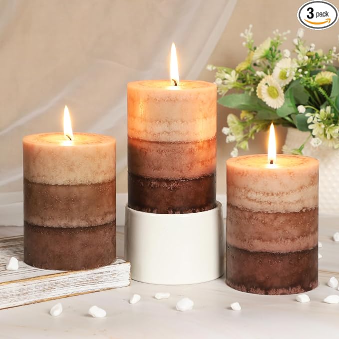Coffee Pillar Candles, Aromatherapy Scented Candles, 35+ Hours Burn Long Lasting, Set of 3 Tall 3x4 Inch Dripless Pillar Candle, for Wedding and Home Décor