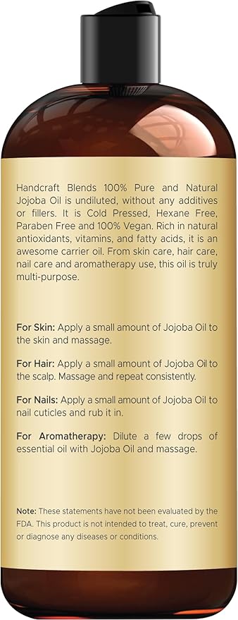 Handcraft Blends Jojoba Oil | 100% Pure and Natural | Ayurvedic Skin Care | Premium Grade Carrier Oil | Face | Skin | Hair | Massage | Cold-Pressed | Hexane-Free | 16 Fl Oz