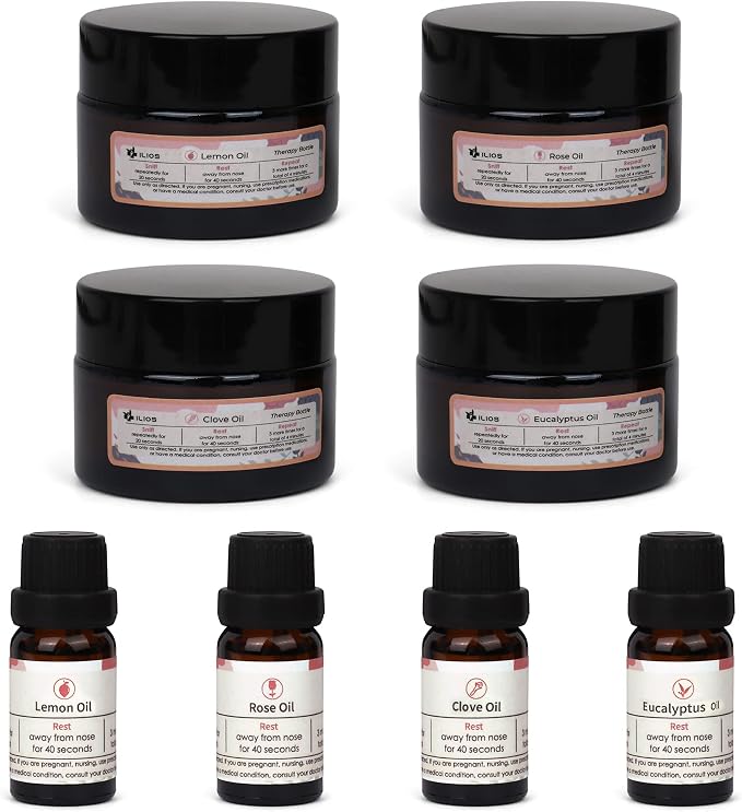 Ilios Olfactory Smell Training Kit, 4 Essential Oils, All Natural Stimulating Aromatherapy for Loss of Senses with Lemon, Clove, Rose, Eucalyptus, and Accessories