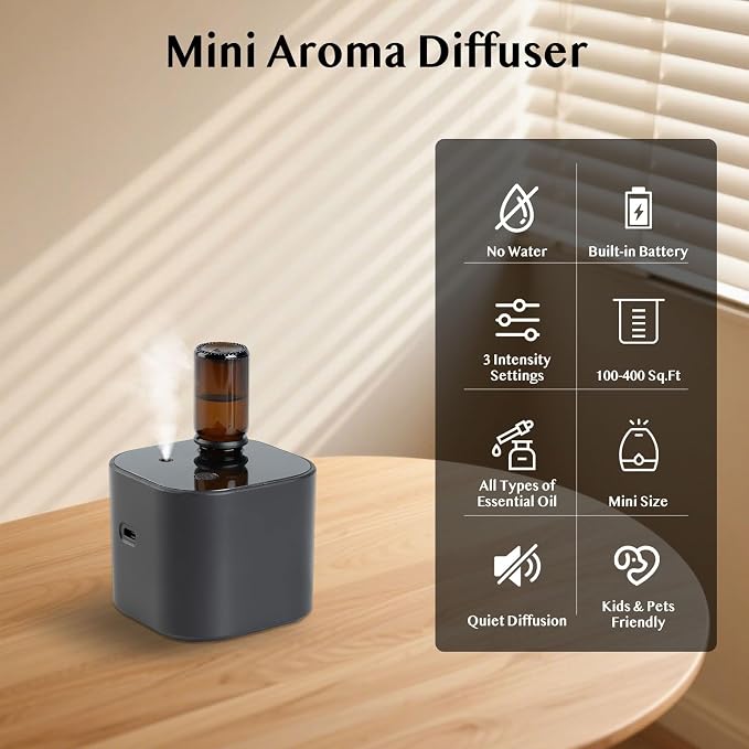 Waterless Essential Oil Diffuser, Portable Aroma Diffuser, Battery Operated, 3 Mist Modes, Aromatherapy Diffuser for Essential Oils, Cordless Scent Air Machine for Home, Office, Small Room, Black