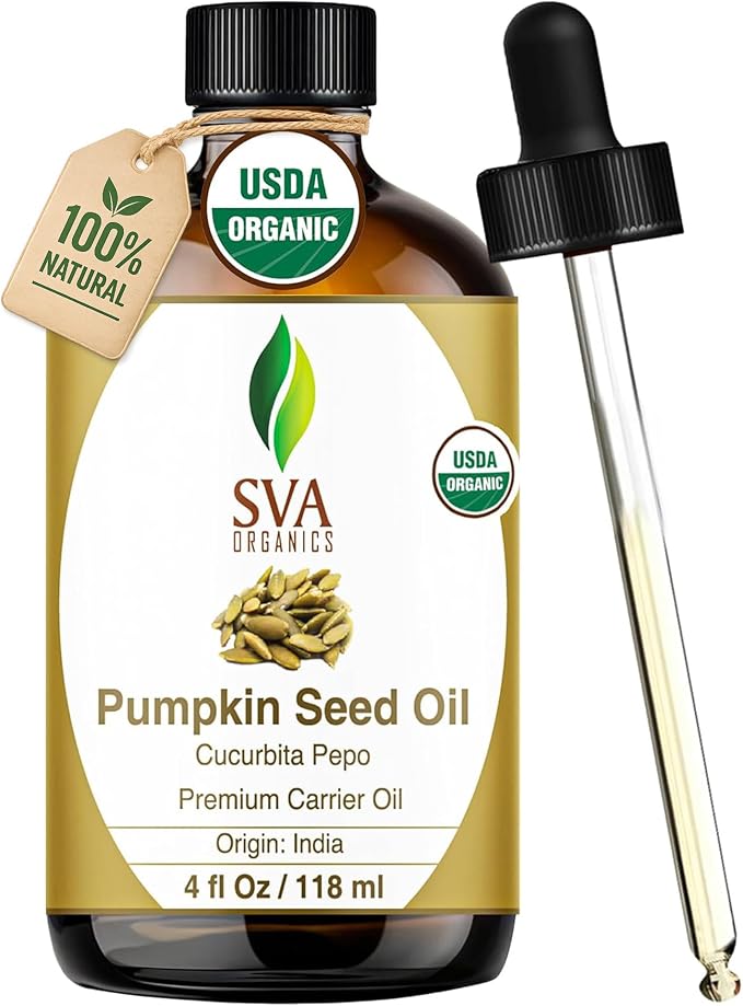 SVA Pumpkin Seed Oil Organic - 4 Fl Oz – 100% Natural Cold Pressed Organic Pumpkin oil - for Face, Skin Care, Hair Care, Scalp Massage & Body Massage – Carrier Oil with Dropper