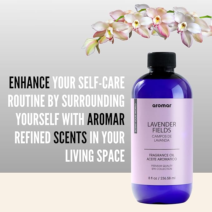 AROMAR Premium Fragrance Oil, Long-Lasting, Refreshing Uplifting Aroma for Aromatherapy, Relaxation & Household Uses. Lavender Fields - 8oz