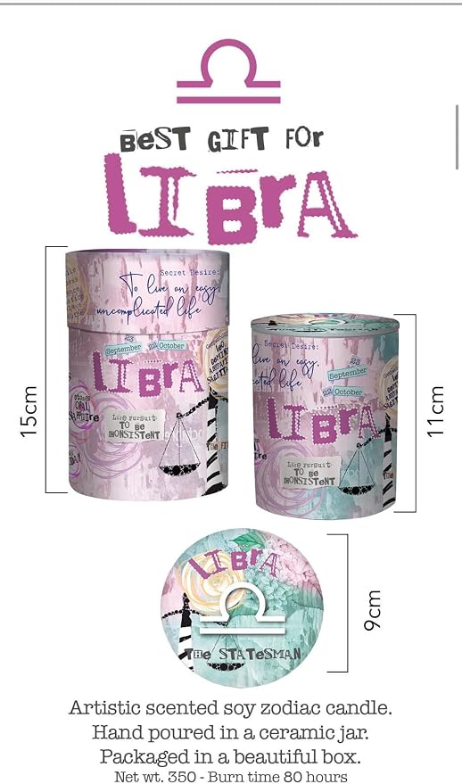 Libra Zodiac Candle – Jasmine Scented Soy Candle – Astrology Gift for Women – 80 Hour Burn – Reusable Ceramic Jar