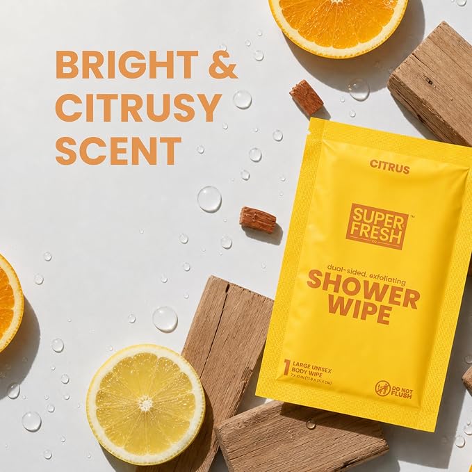 Super Fresh Shower Body Wipes, Travel Essentials for Camping, Large Citrus Wipes for Adults, Women, Men, Kids Personal Hygiene Cloth Enriched with Aloe and Vitamin E, Individually Wrapped 10 Pack