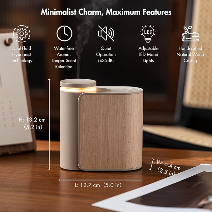 ZMARKRAFT® Waterless Essential Oil Diffuser w Solid Wood Cover 3 Timers 2 Mist Modes, Auto-Off Quiet Dual Fluid Aroma Diffuser, Portable Waterless Scent Diffuser w Lights, Room Decor Aromatherapy Gift