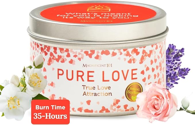 Magnificent 101 Long Lasting Pure Love Aromatherapy Tin Candle | 6 Oz - 35 Hour Burn | All Natural Soy Wax with Sage, Rose, Lavender for Energy Cleansing, Purification, Manifestation