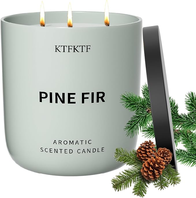 Pine Fir Scented Candle for Home - 3-Wick 14.1oz 80-Hour Long Burning, Non-Toxic Soy Wax Candles - Aromatherapy Candle for Positive & Relaxation, Crisp Woody Forest Scent for Home Decor
