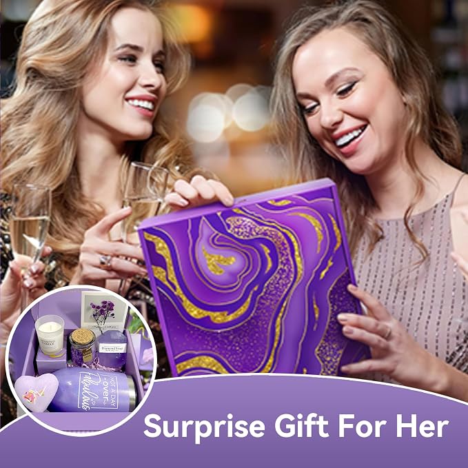 Lavender Spa Gift Basket, 7PCS Self Care Set for Women, Luxury Purple Gift Box with Tumbler, Scented Candle, Bath Salt, Bath Bomb, Soap & Greeting Card, Perfect Birthday Valentines Gifts