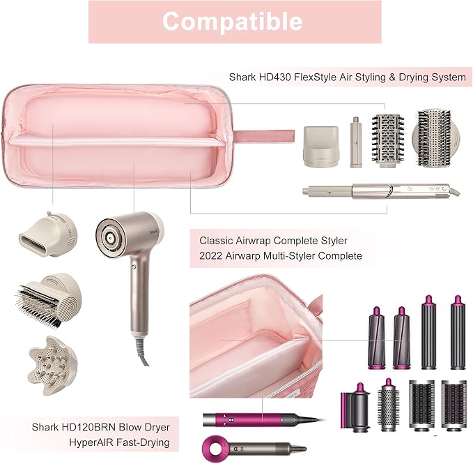 Leudes Hair Tools Travel Bag for Shark Flexstyle Carrying Case Portable Shark Hair Air Wrap Dryer Case Waterproof Dustproof Flat Curling Iron Travel Organizer (Dark Pink)