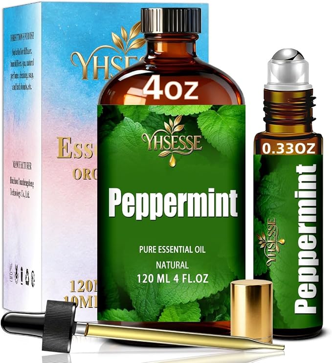 Peppermint Essential Oil, Peppermint Oil 4 Fl Oz 120ml for Diffuser Yoga Soap & Candle Making – with 0.33 Oz Roller Ball & Dropper YHSESSE Essential Oils