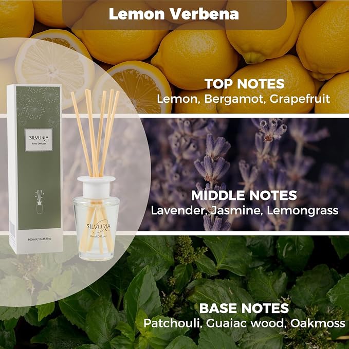 Lemon Verbena Essential Scented Oil Reed Diffuser Set,100ml(3.38 oz) with 6 Reed Sticks,Long-Lasting Fragrance for Home, Bathroom & Office