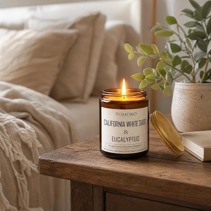 TOMOKO California White Sage & Eucalyptus Scented Candle, 100% Soy Wax, Natural Essential Oils, Amber Jar, 9 oz, 50-Hour Burn