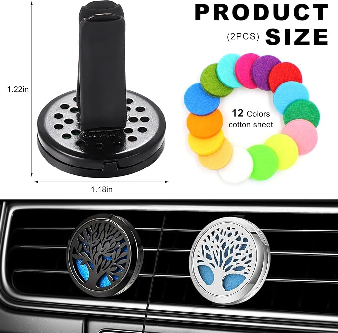 KVAEY 2PCS 30mm Car Diffuser Vent Clips, Tree of Life Aromatherapy Essential Oil Diffuser Locket with 12 Felt Pads, Stainless Steel Car Diffuser Locket Air Freshener (Style 2)