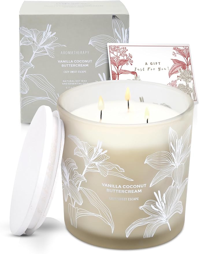 Vanilla Coconut Buttercream Candle | Large 3 Wick Scented Soy Candle for Home | 14.5oz Vanilla Coconut Aromatherapy Candle | Vanilla Cupcake Candle | Long Lasting Clean Burn | Gift for Women & Men