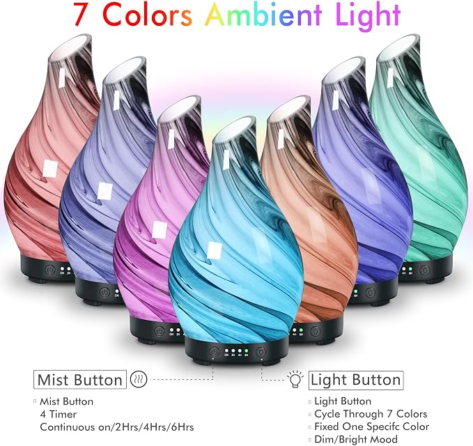 Aromatherapy Essential Oil Diffuser for Home- Art Glass Diffuser for Essential Oils with Waterless Auto Shut-Off 4 Timer 7 Colors LED Night Light for Home Office Decor Gifts for Women