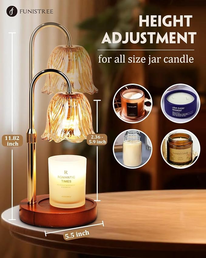 Funistree Candle Warmer Lamp, Gold Candle Lamp Warmer with Timer & Dimmer with 2 Bulbs, Mothers Day Birthday Gifts for Women Mom, House Warming Gift New Home Bedroom Decor, Height Adjustable