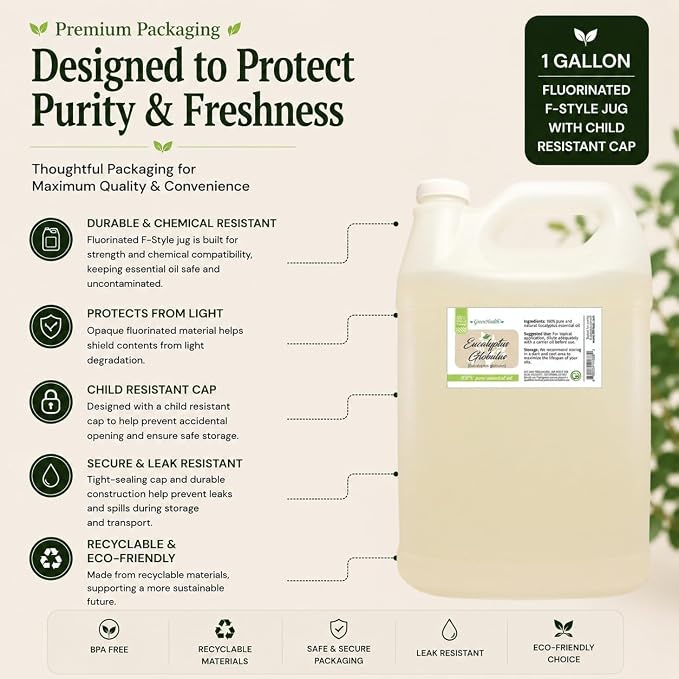 GreenHealth Eucalyptus Essential Oil – 1 Gallon (128 fl oz) – 100% Pure & Uncut – Bulk Therapeutic Grade Essential Oil for Diffuser, Cleaning, Candle Making, Air Freshener, Home Fragrance