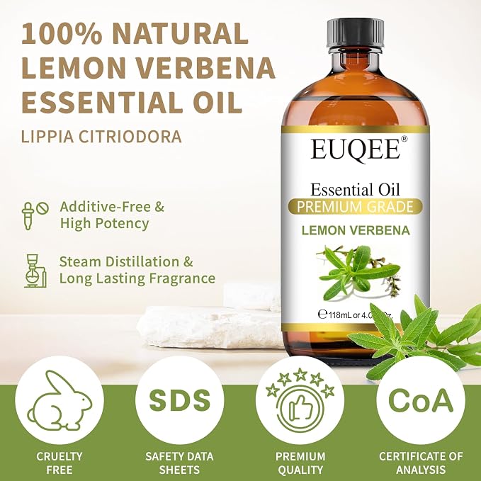 EUQEE Lemon Verbena Essential Oil 118ml - Natural Citrus Scent Oil for Diffuser, Skincare, Morning Rituals & Aromatherapy, Large Bottle with Dropper