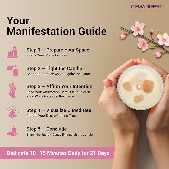 Self Love Manifestation Candle, Cherry Blossom & Magnolia Scented Soy Candle with Rose Quartz & Amethyst, Valentine's Gift for Her/Him, Women's Wellness & Spiritual Healing