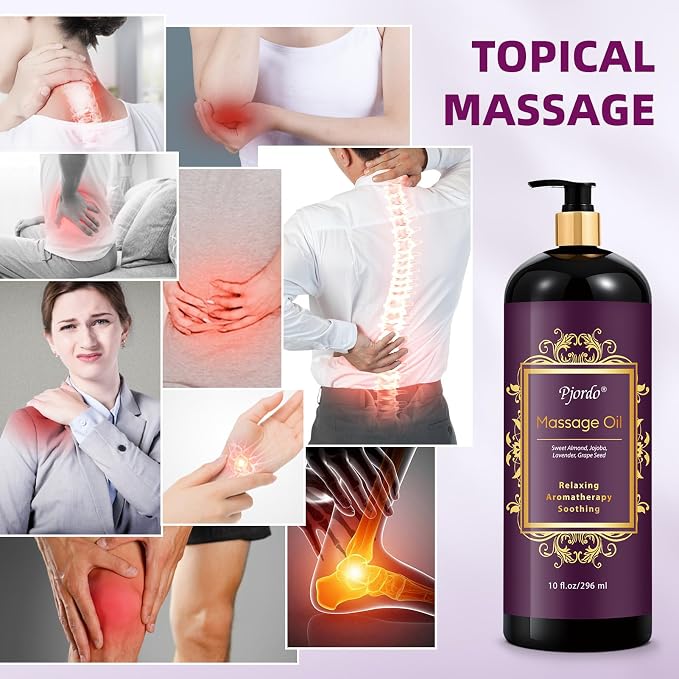 Pjordo Aromatherapy Lavender Massage Oil, 10 fl oz Relaxing Massage Oil for Massage Therapy with Grape Seed, Sweet Almond & Jojoba, Spa Quality Oils for Soothing, Calming