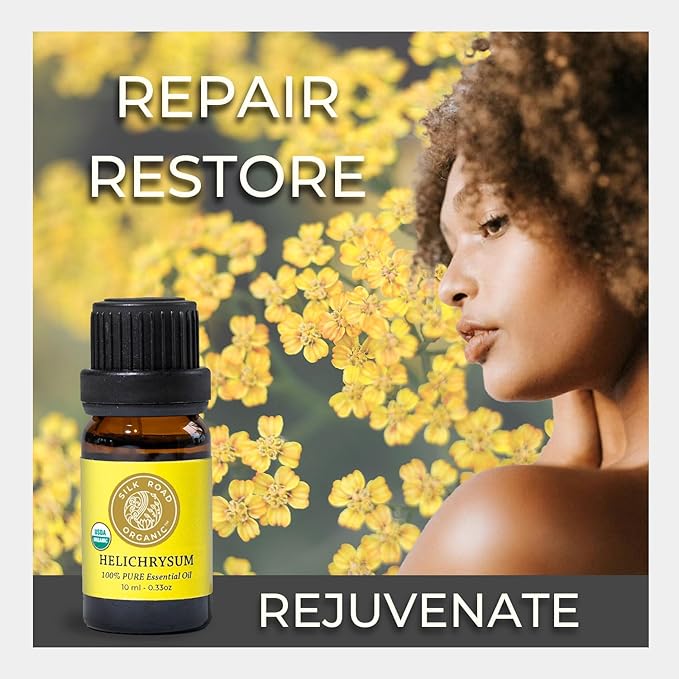 Silk Road Organic Helichrysum Italicum Essential Oil for Skin Care, Wrinkles, Scars, Bruises – 10ml Undiluted Euro Dropper, USDA Certified Immortelle Oil - Always Pure, Always Organic