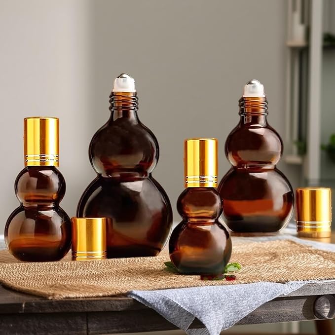 Essential Oil Roller Bottles, Amber Gourd Shaped Glass Roller Bottles with Stainless Steel Roller Ball, for Travel,Perfume (Amber-Gold Cap, 10ML)
