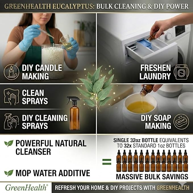 GreenHealth Eucalyptus Essential Oil – 32 fl oz (946 ml) – 100% Pure & Natural – Bulk Aromatherapy Oil in Aluminum Bottle – for Diffuser, Cleaning, Air Freshener, Home Fragrance