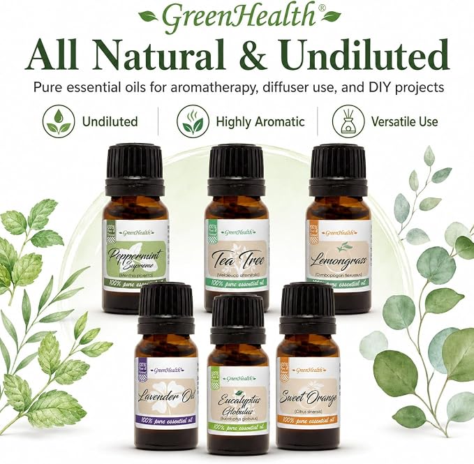 GreenHealth Top 6 Essential Oil Gift Set – 100% Pure Therapeutic Grade – Lavender, Tea Tree, Eucalyptus, Lemongrass, Sweet Orange, Peppermint – Aromatherapy & Diffuser Oils 6x10ml