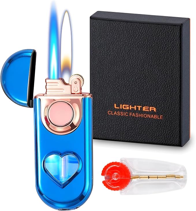Torch Dual Flame Lighter with 6pcs Flint Stone, Windproof with Visible Gas Window, Adjustable Soft and Jet Flame, Refillable Butane Lighter for Outdoor Indoor - Blue