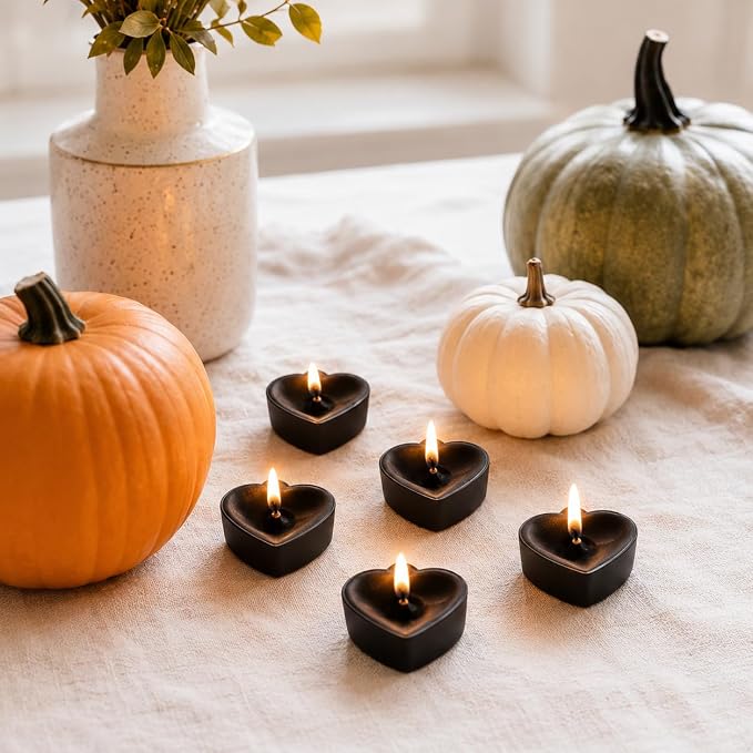 Tea Lights Candles Set of 24, Black Heart Tealight Candle, Sandalwood Scent Tea Candles, Long Burning Tea Lights for Wedding Dinner Table Ambiance Home Decor