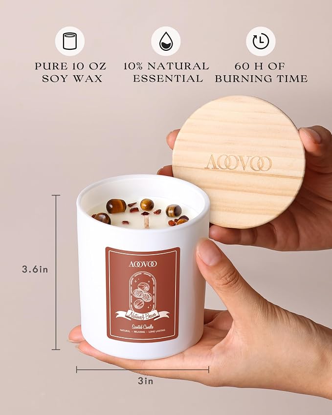 AOOVOO Nutmeg Beans Scented Candles for Women - Aromatherapy Candle with Crystals Inside, 10oz Soy Candles for Home Scented, Birthday Gifts Valentines Day Candle for Women Mom